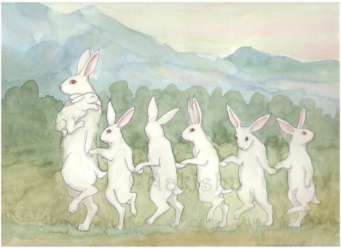 Original Watercolor Rabbit Painting - Bunny Train