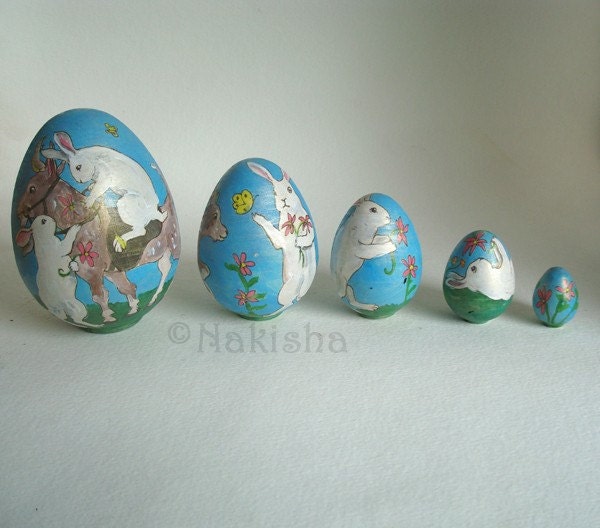 Matryoshka Rabbits, Goats and Blooms- Nesting Egg Shaped Dolls