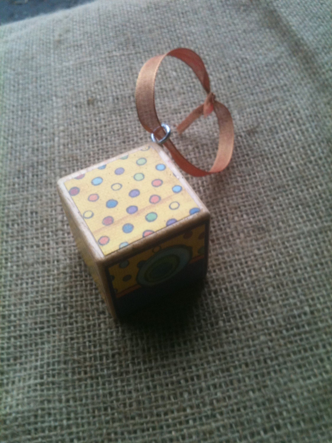 HandMade Yellow Polka Dots Decor Paper Upcycled Wooden Kids Block Ornament