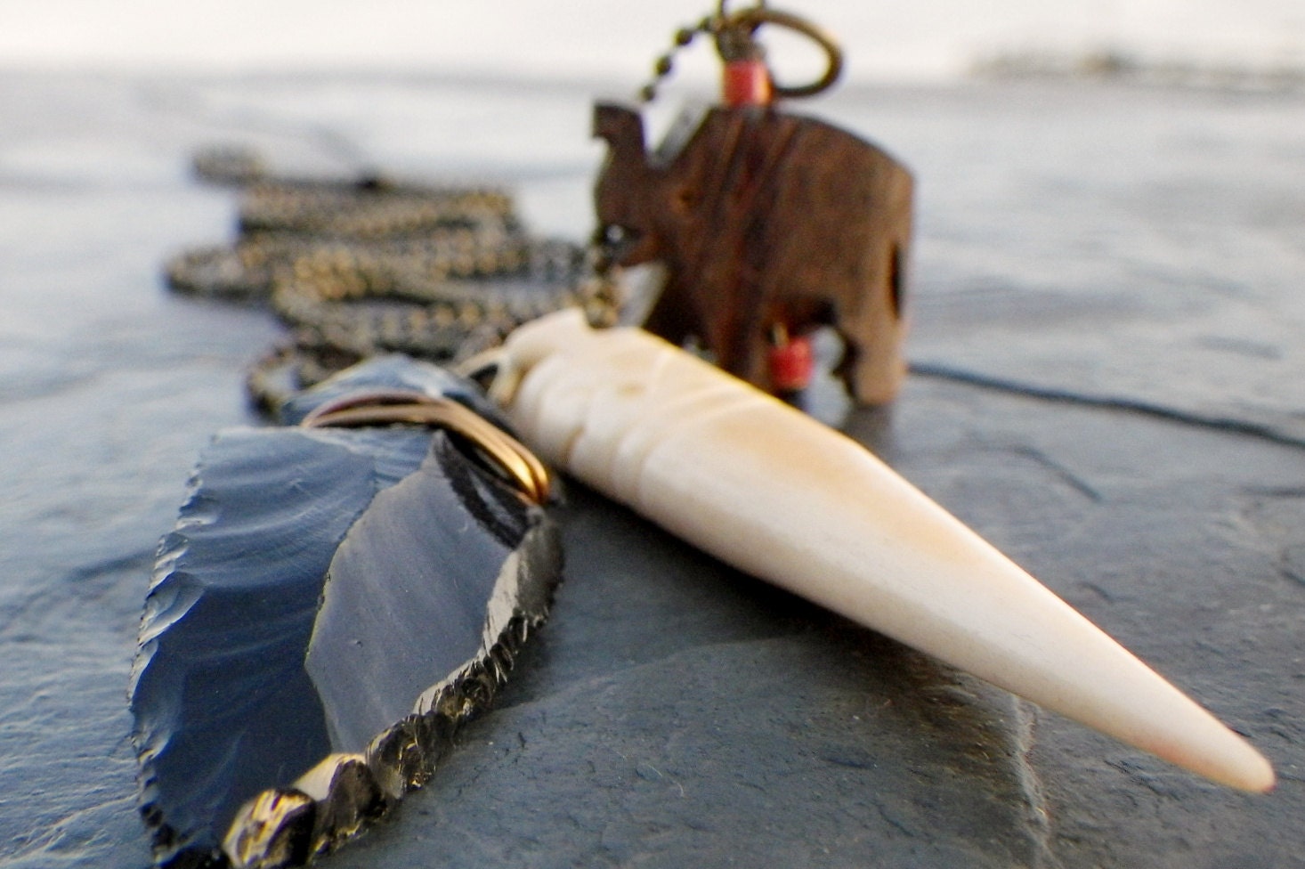 arrowhead, bone, & vintage elephant talisman necklace