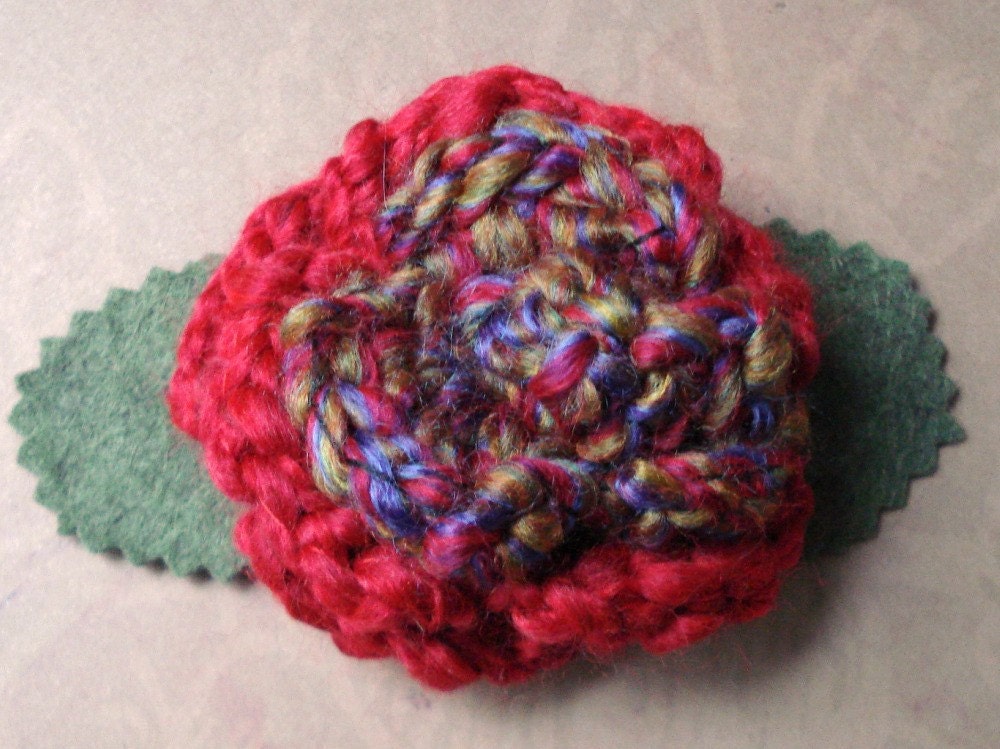 Crocheted Rose Bar Pin - Red Fiesta
