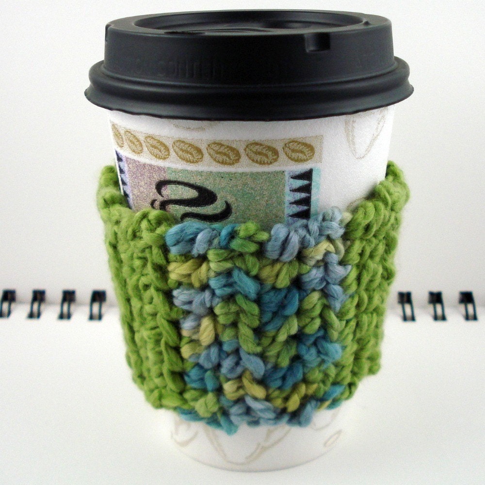 Avocado Green and Ocean Hues Organic Cotton Crocheted Coffee Cozy