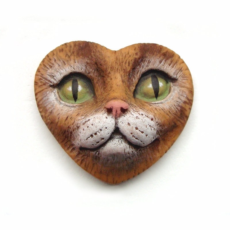 Tabby Cat Heart Medium Polymer Clay Cabochon Green Eyes Valentine Kitty Art Doll Face Cab 2454