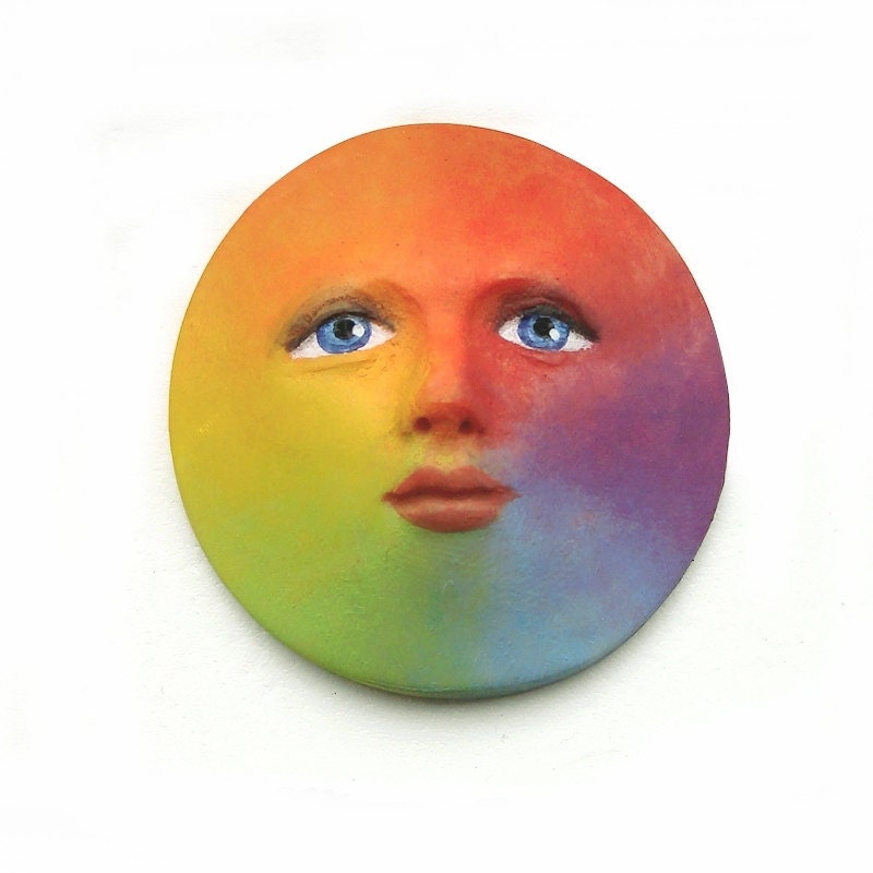 Rainbow Lady Art Doll Face Cab 40mm Bright Colorful Round Polymer Clay Cabochon Goddess roygbiv Blue Eyes 2541