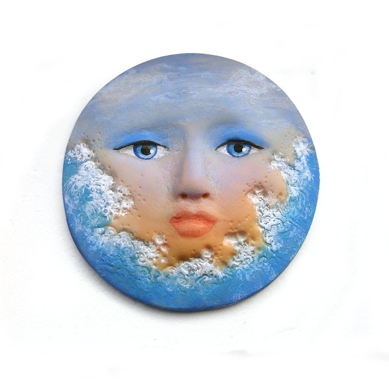 Ocean Sunset 40mm Art Doll Face Cab Surf Waves Sky Sea Beach 2607 polymer clay cabochon goddess