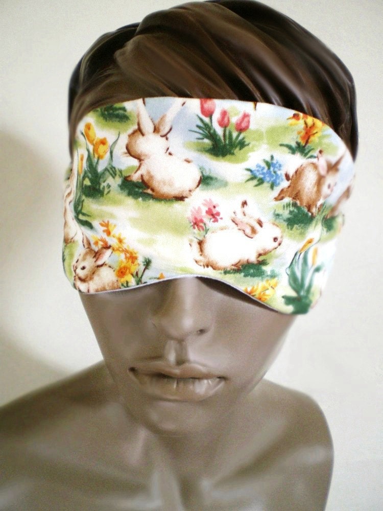 Spring Bunny Sleepmask With Sky Print Backing, Padded All Cotton Handmade Eye Mask