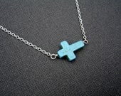 Silver Turquoise Cross Necklace Sideways cross