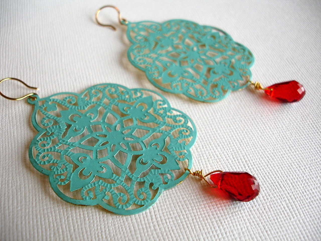 Sale Filigree Earrings Verdigris Moroccan Red Crystal Briolettes Big and Bold