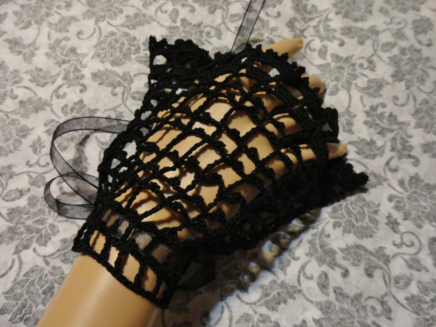 Black Gothic Mourning Victorian Steampunk Wristlets Wrist Cuffs Crochet Lace Midnight Vampire Wiccan Witch Pagan