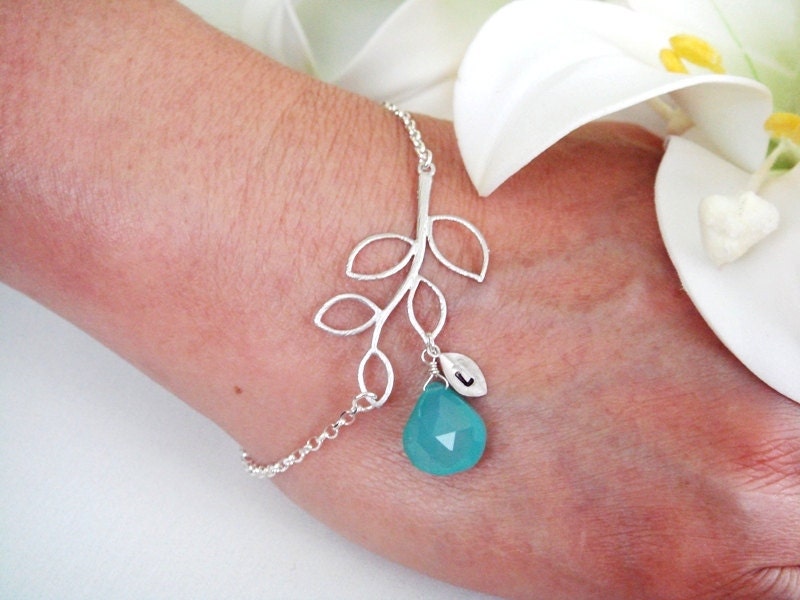 Initial and Birthstone Sterling silver Bracelet, Monogram Branch Leaf charm ADJUSTABLE Bracelet, Wedding Jewelry, Bridesmaid Gifts, Mothers