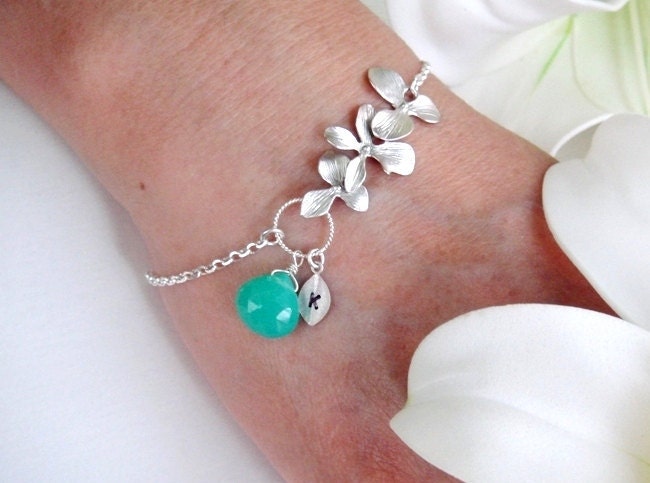 Personalized Birthstone Bracelet, Orchid Initial Monogram Charm Bracelet STERLING silver, Wedding Jewelry, Bridesmaid gifts, Mother