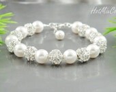 Rhinestone Diamond Pearl Bracelet, Pearl Wedding Jewelry Bracelet -Lisa- Adjustable Bracelet, Bridesmaid gifts, Elegant Bridal jewelry