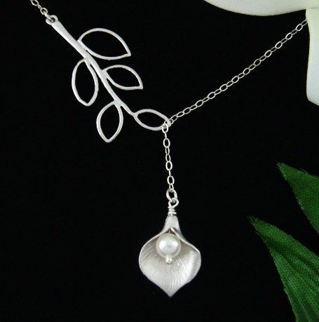 Calla Lily Necklace, White Pearl, Branch leaf, Dainty STERLING Silver Necklace -Lariat- Birthday, Bridesmaid gifts, Wedding jewelry