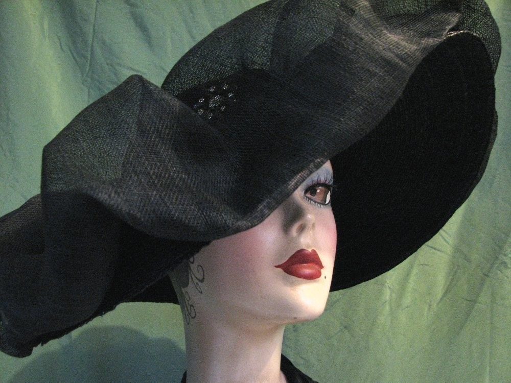 Hat - Big Black Straw Hat - Kentucky Derby Hat