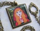 Little Red Riding Hood Mini Art Print Necklace, Frame Pendant , Antique Copper, Fairy Tales, Storybook Art