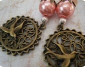 Copper Dove Earrings with Pink Beads and Silver Accents, Birds, Peace, Boho