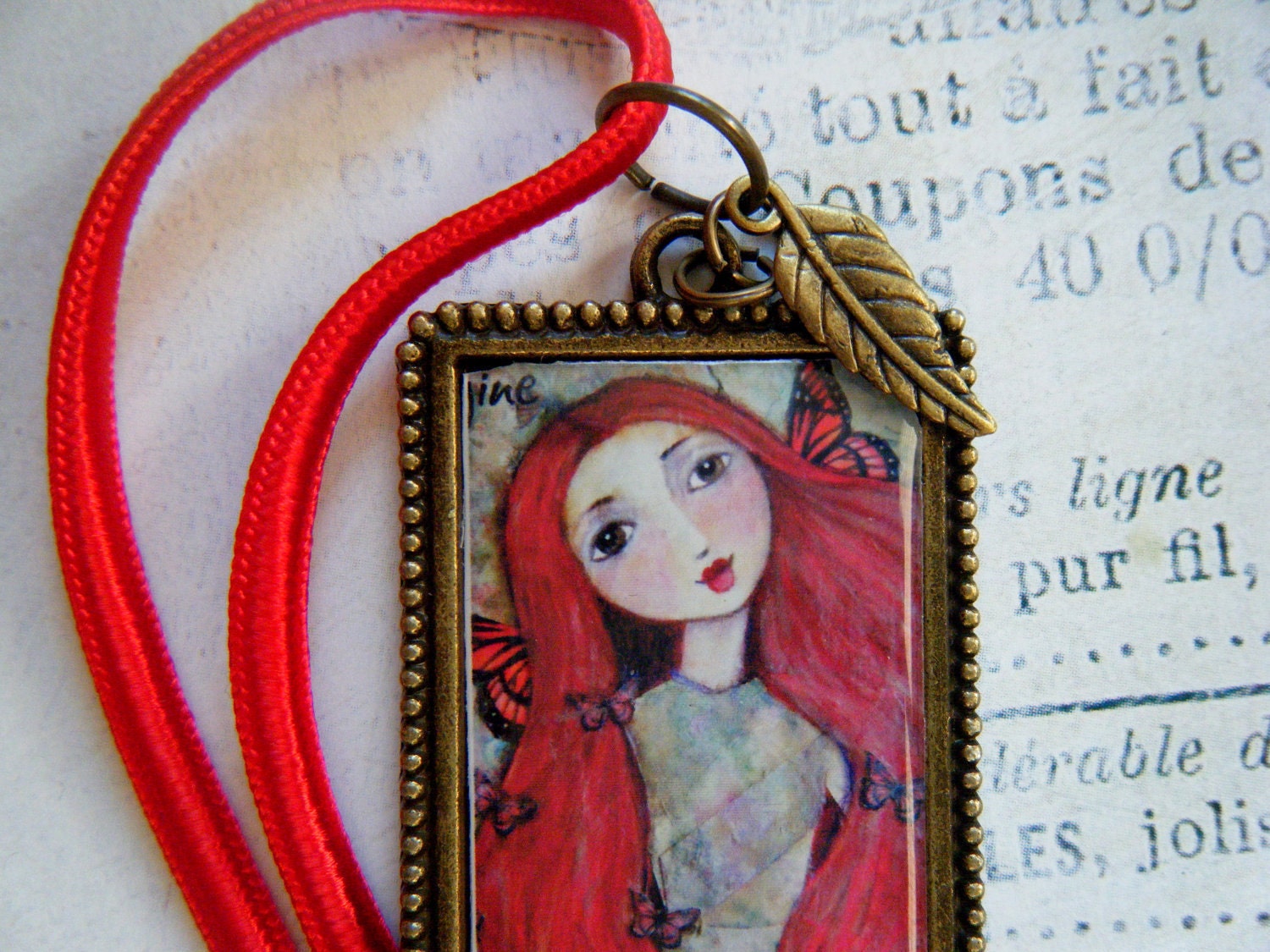 Red Haired Butterfly Faerie Art Print Necklace, Red, Fairies, Fairy Tales, Copper Accents, Leaves