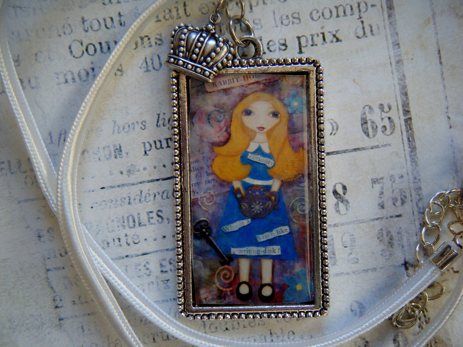 Alice in Wonderland Art Print Necklace, Whimsical, Nylon Cord, Blue, Charms