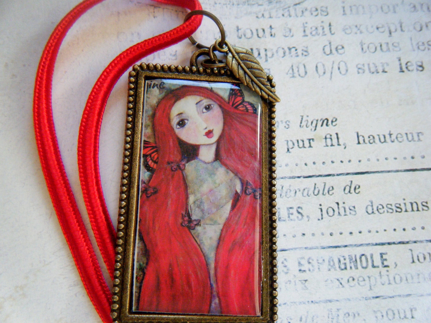 Red Haired Butterfly Faerie Art Print Necklace, Red, Fairies, Fairy Tales, Copper Accents, Leaves