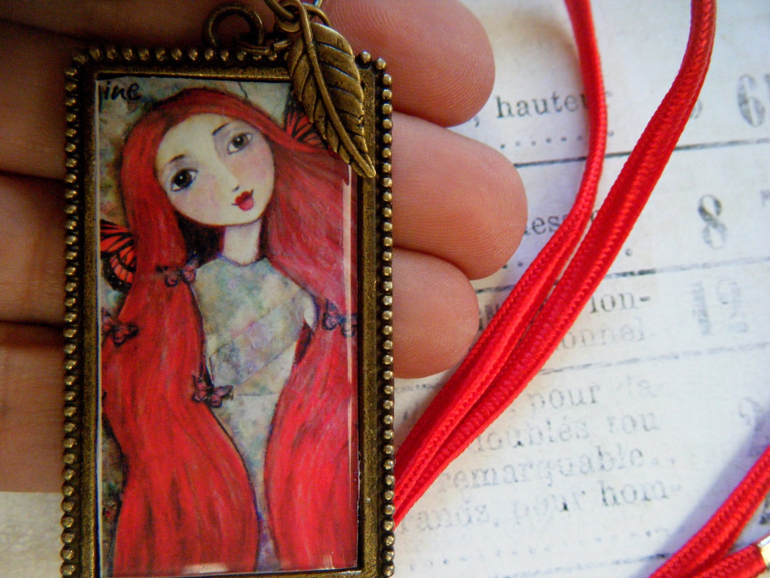 Red Haired Butterfly Faerie Art Print Necklace, Red, Fairies, Fairy Tales, Copper Accents, Leaves