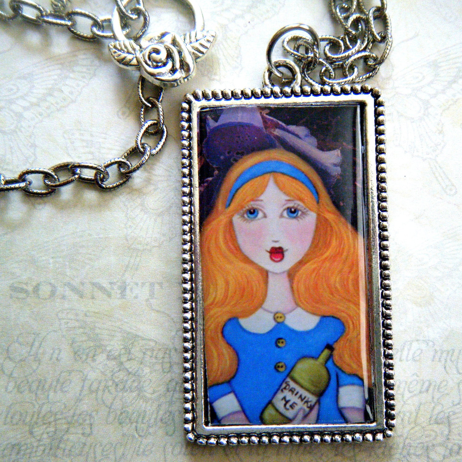 Alice in Wonderland Art Print Necklace, Frame Pendant, Antique Silver, Fairy Tales, Lewis Carroll, Storybook Art