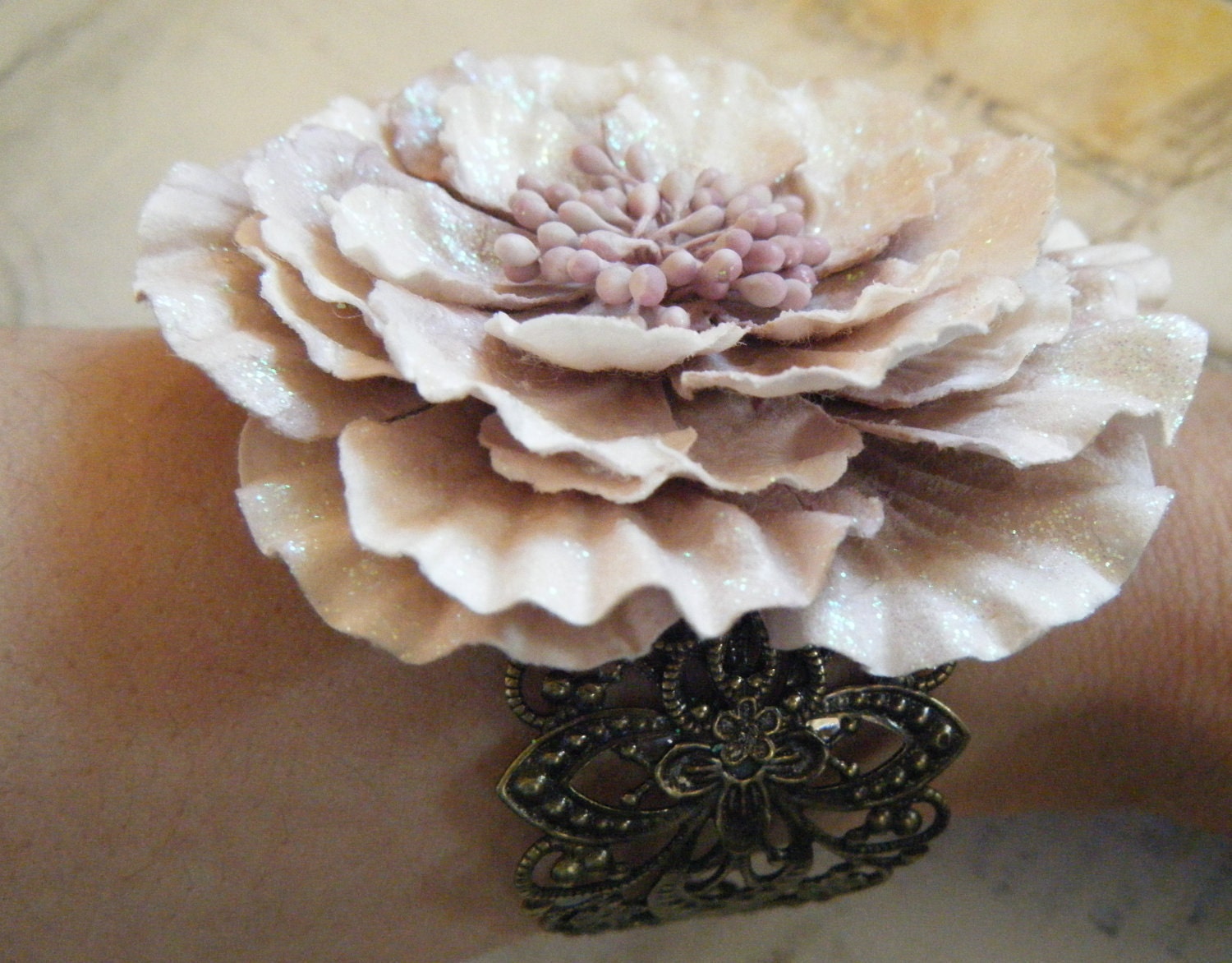 Pale Pink Blossom Metal Cuff Bracelet, Fairies, Feminine, Victorian, Glitter, Antique Brass, Flowers, Vintage
