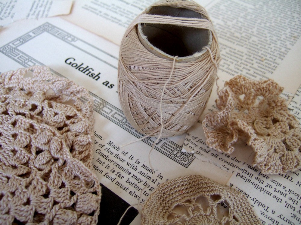 VINTAGE Crochet THREAD with 3 MADE doilies 2 undone