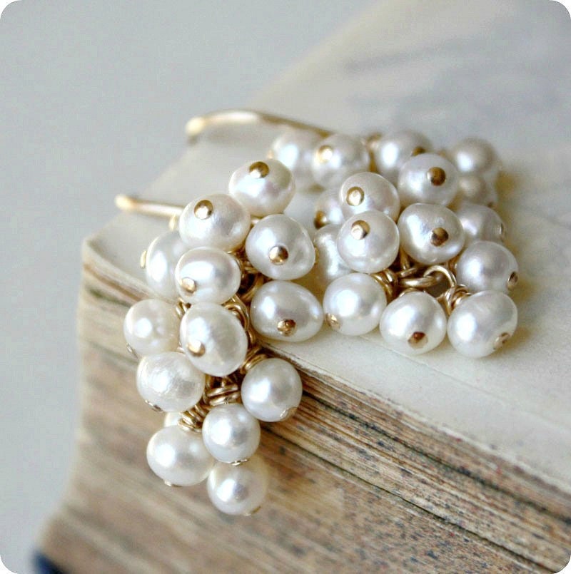 Reserved for Franny -- Freshwater pearl earrings, white wedding, bridal jewelry, gold beaded cluster, gold filled