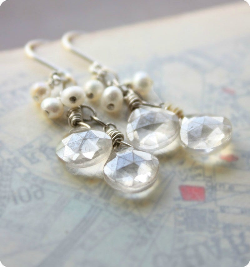 Freshwater pearl gemstone earrings, quartz teardrop wedding bridal earrings sterling silver