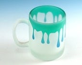 Espresso Cup - Drips - Green and Blue Frost - Custom Painted and Etched Glass Mug