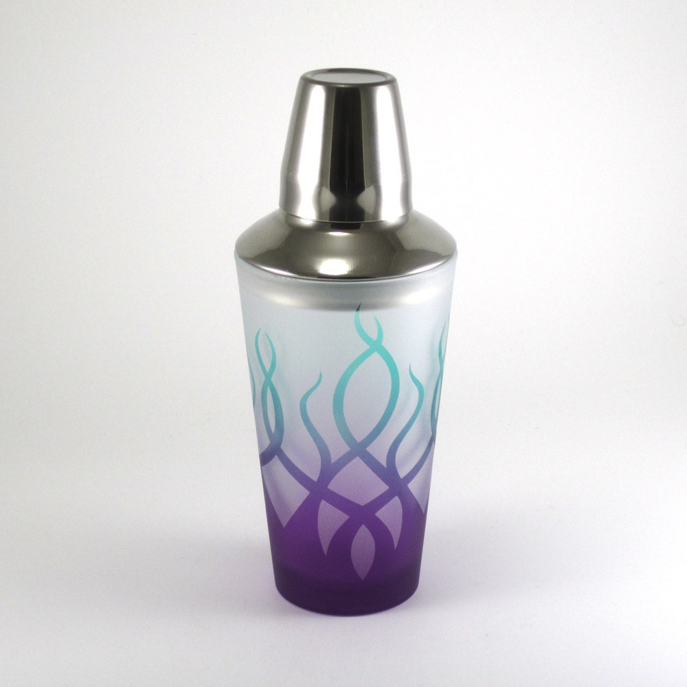 Cocktail Shaker - Strands - Green and Purple Frost - Custom Painted and Etched Glass - woodeyeglass
