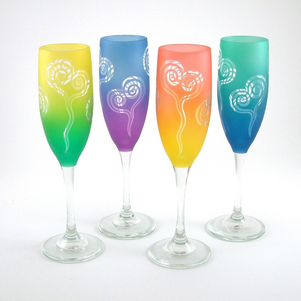 Champagne Flutes  - Spiral Hearts - Set of 4 - Custom Painted and Etched Glassware