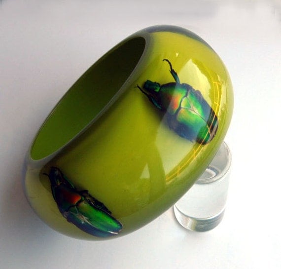 Large green lucite bangle with real insects