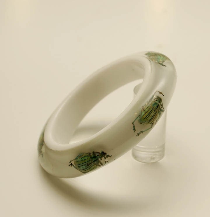White lucite bracelet with real beetles