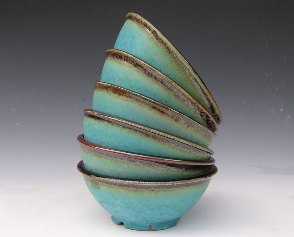 Noodle Bowls - Made to Order - Turquoise Black Brown - Set of 6