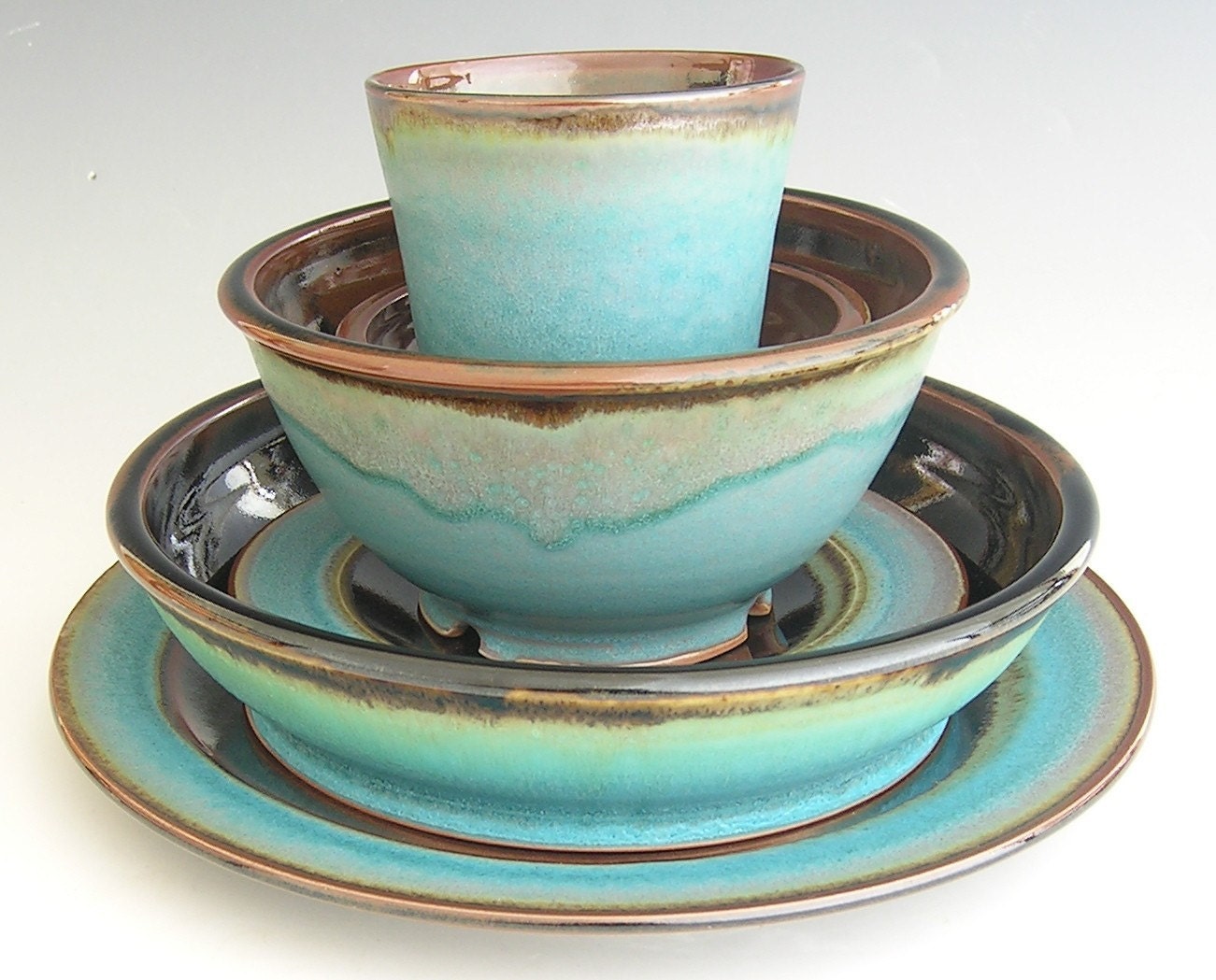 Ceramic Dinnerware Set - Made to Order - Turquoise Brown Black