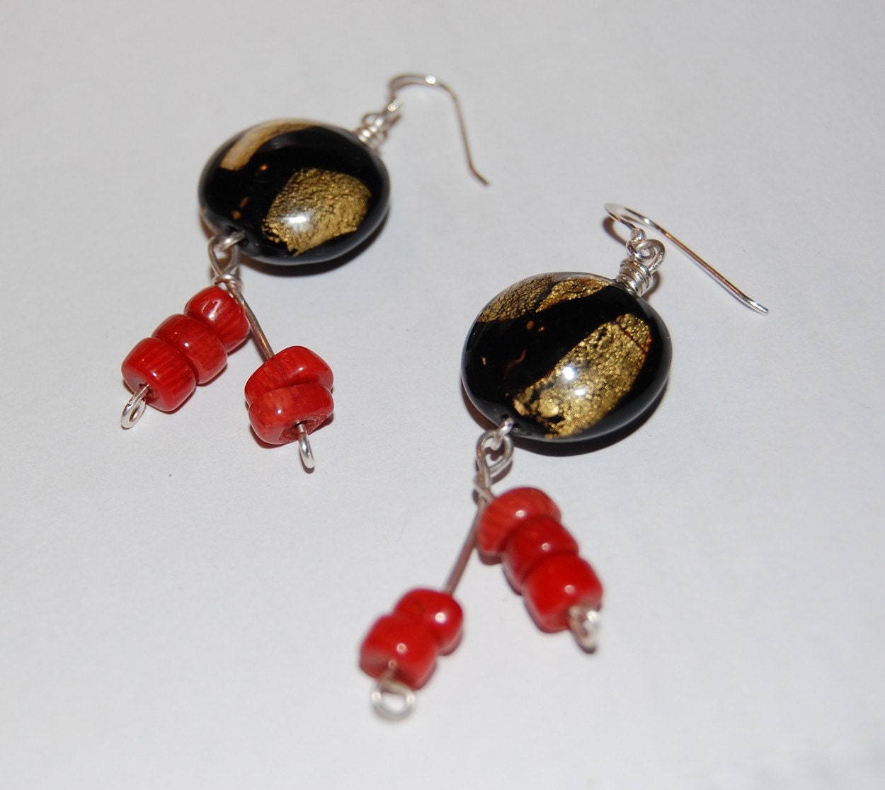 Gold Inlaid Glass Beads with Red Coral Earrings