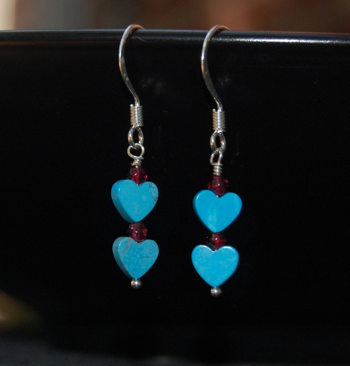 WHY SO BLUE, Turquoise and Garnet Dangling Earrings