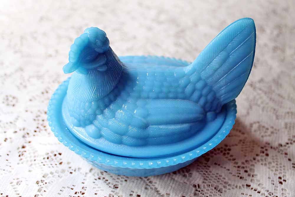 Hen on Nest, Blue Milk Glass, Vintage