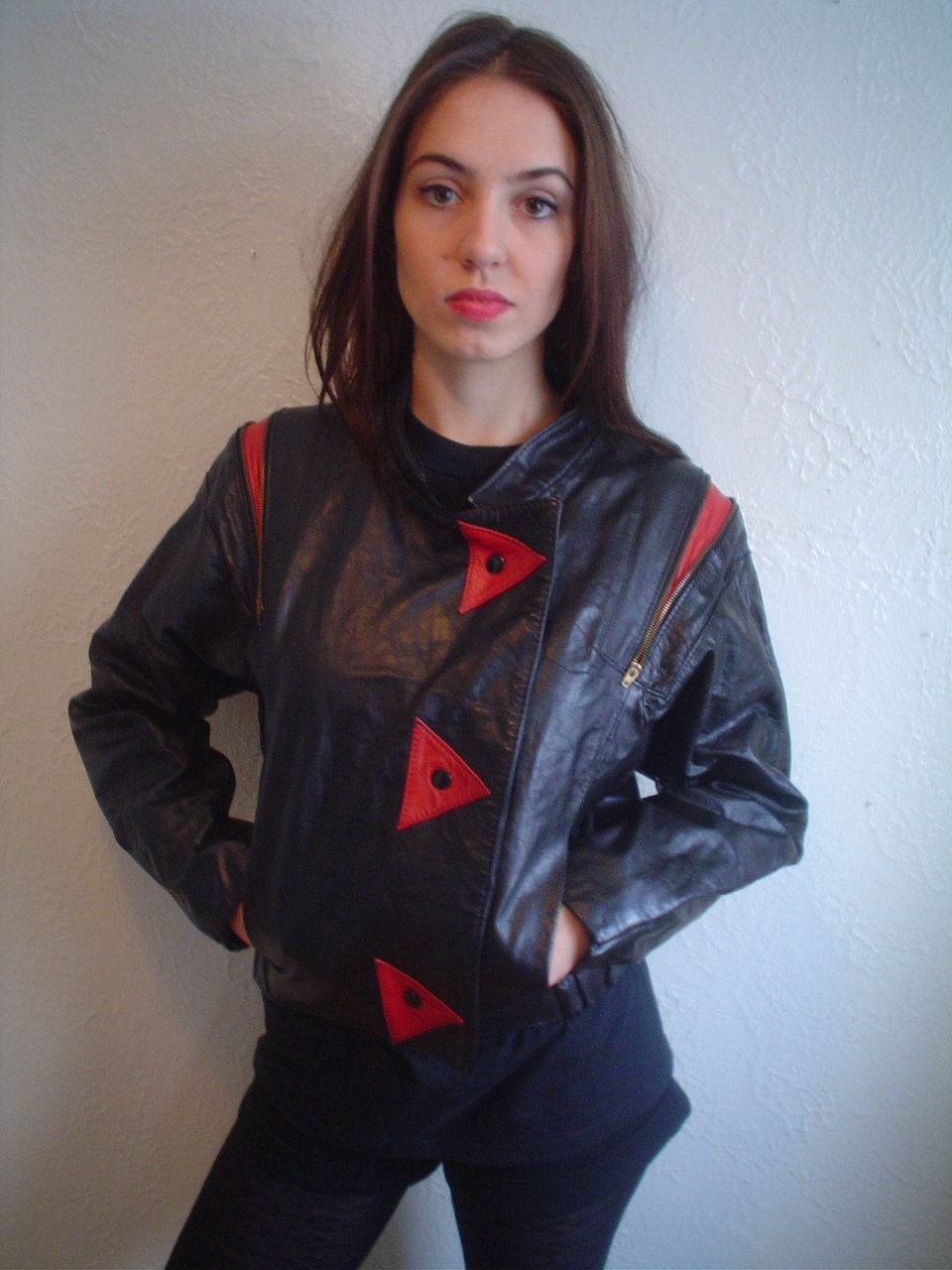 ViNTaGe 80s Black And ReD ZiPPer Leather Jacket