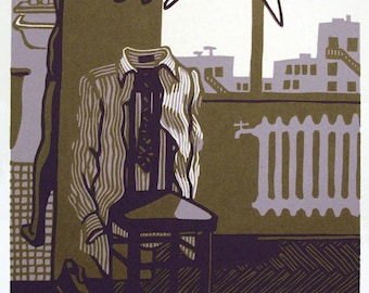 ROOM with NO VIEW reduction color linocut