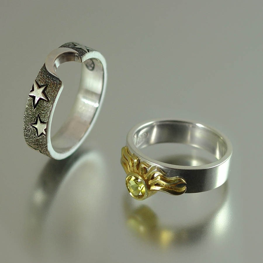 Sun and Moon ECLIPSE Engagement Ring and Wedding Band Set in 18K and 14K gold