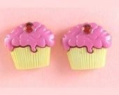 Pink Cupcake Earrings with red rhinestone cherry on surgical stainless steel posts