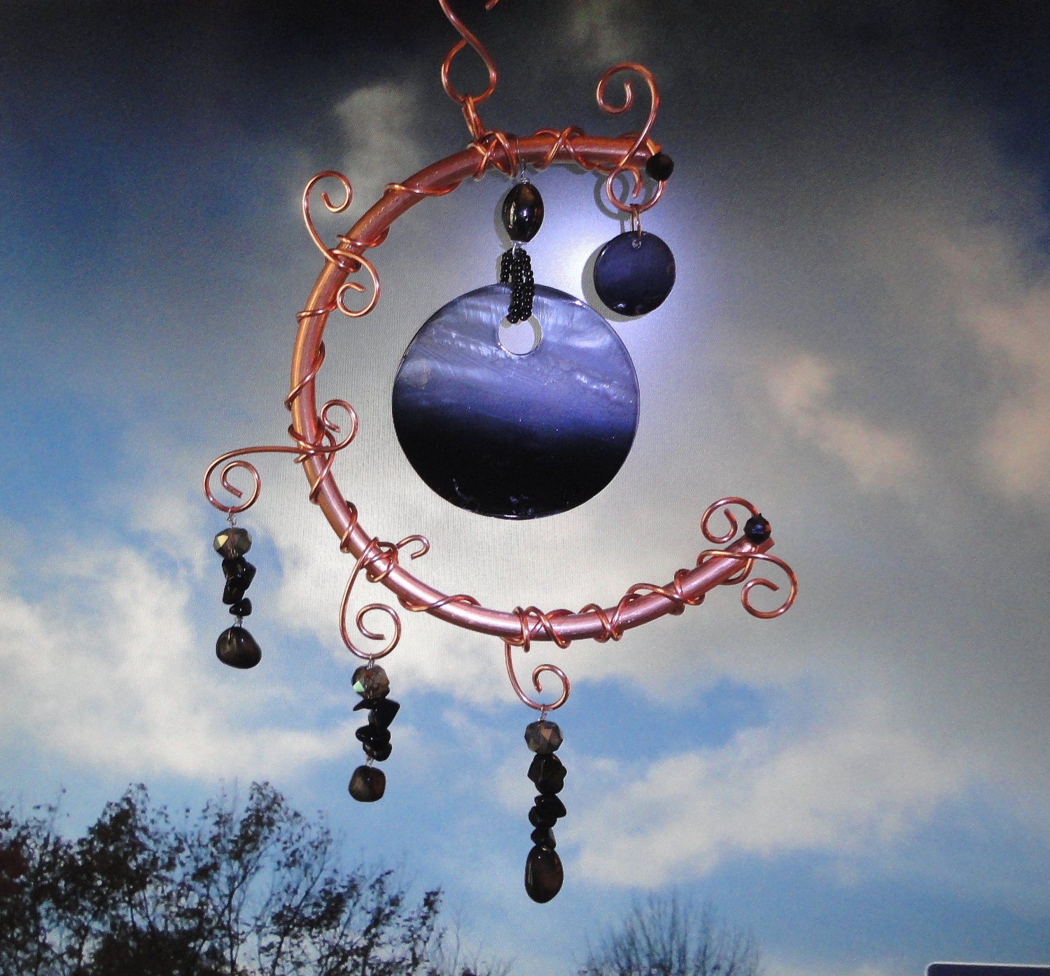 SALE, Dark Side of My Copper Moon, Garden Sculpture, Mobile, Wall Hanging, Black