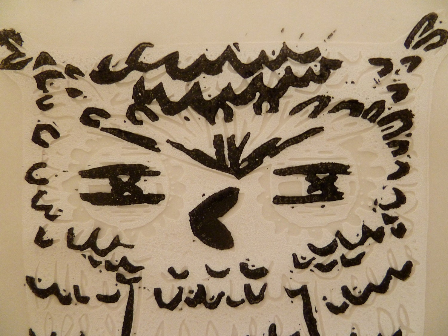 white owl block print on vellum