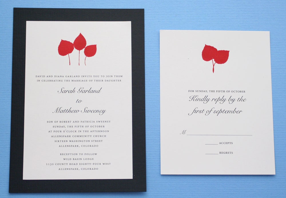 Wedding Invitations with elegant Aspen Leaves screen print in red black backing