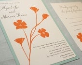 Poppy Wedding Invitation - tangerine orange and aqua blue - screen print eco friendly papers
