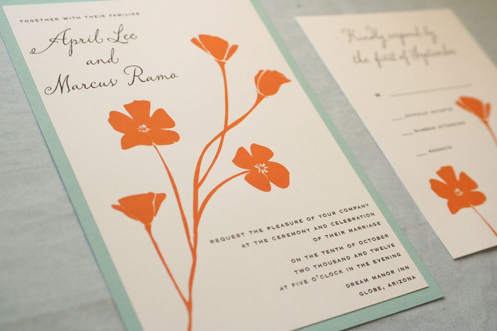 Poppy Wedding Invitation - tangerine orange and aqua blue - screen print eco friendly papers