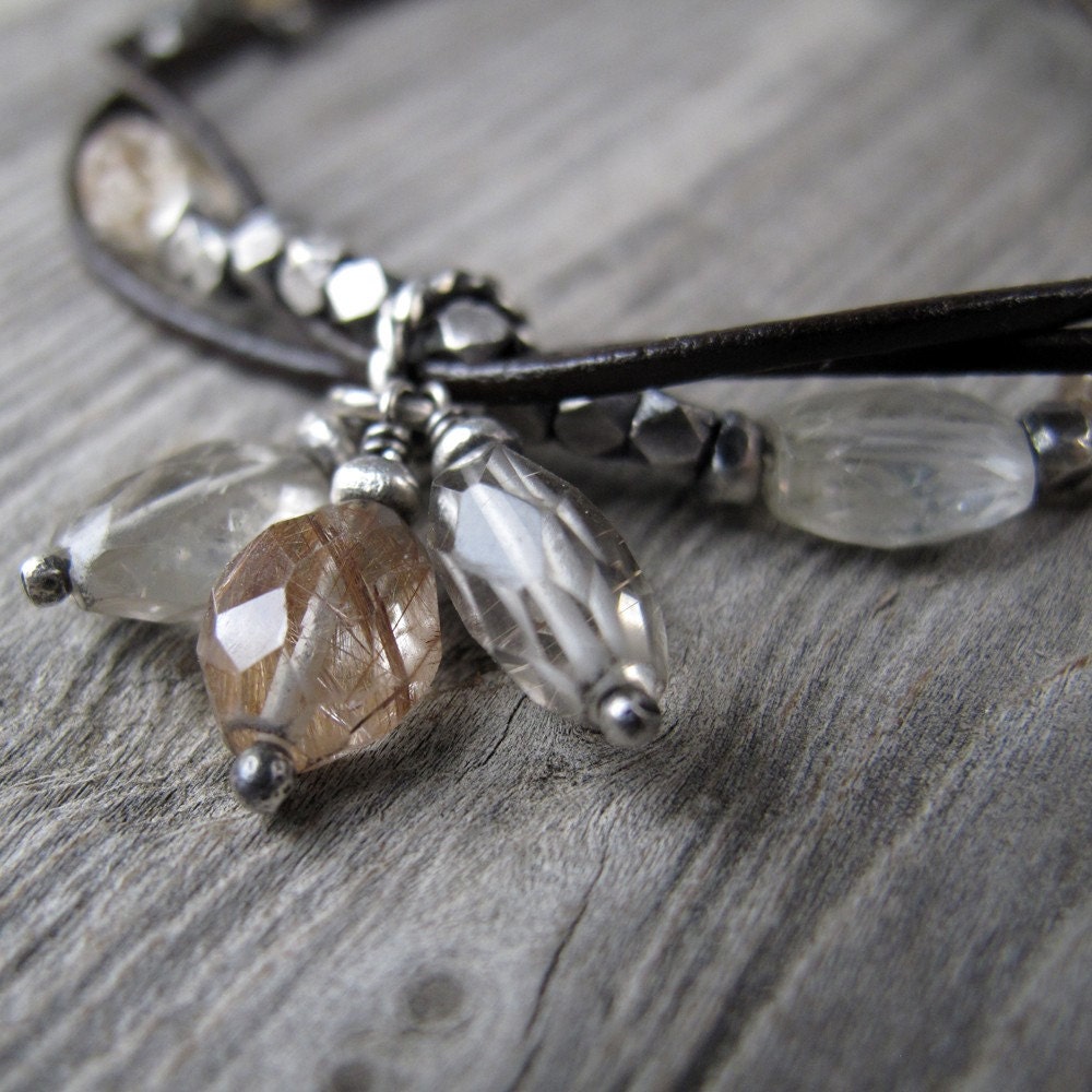 Intertwined Leather and Silver Bracelet with Rutilated Quartz