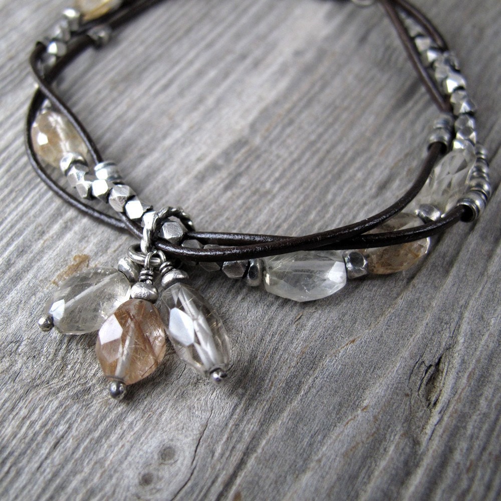Intertwined Leather and Silver Bracelet with Rutilated Quartz